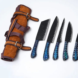 5-Piece Dragon Scale Carbon Steel Culinary Knife Set with Blue Diamond Wood Handles & Leather Roll Case by Titan CK-001