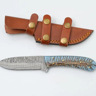 Damascus Steel Knife with Blue Resin & Bone Handle by Titan TK-425