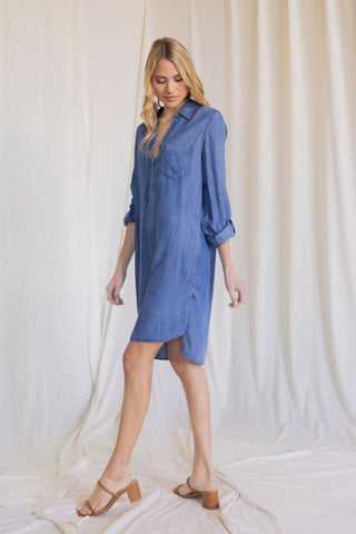 Tencel Fabric Buttoned Dress with Convertible Sleeves