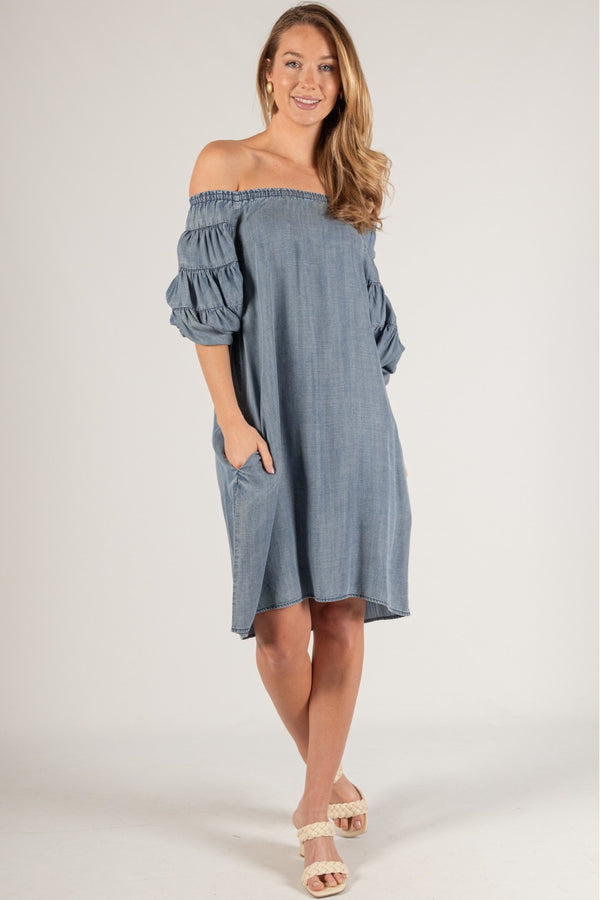 Tencel Off Shoulder Medium Wash Dress