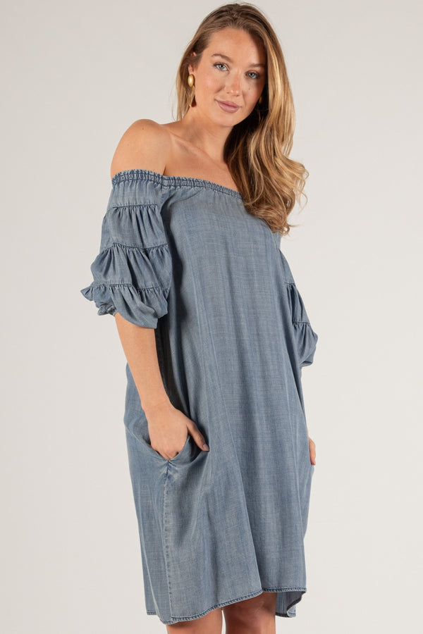 Tencel Off Shoulder Medium Wash Dress