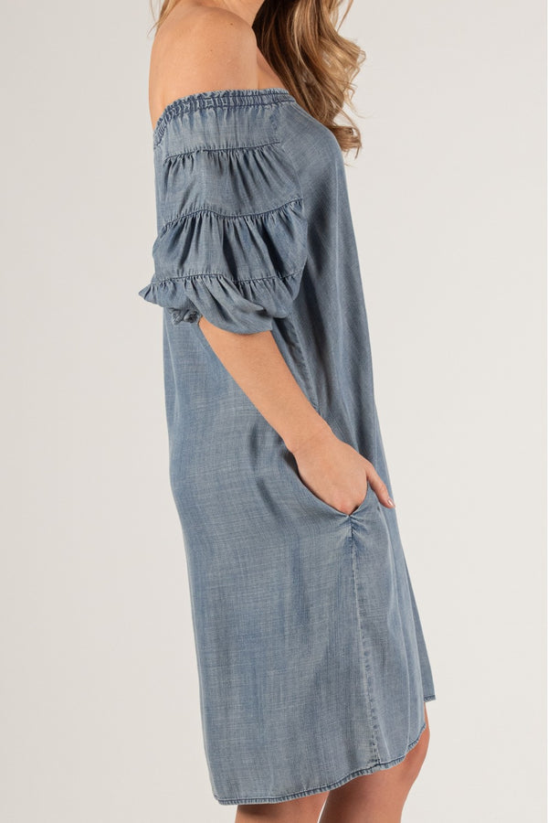 Tencel Off Shoulder Medium Wash Dress