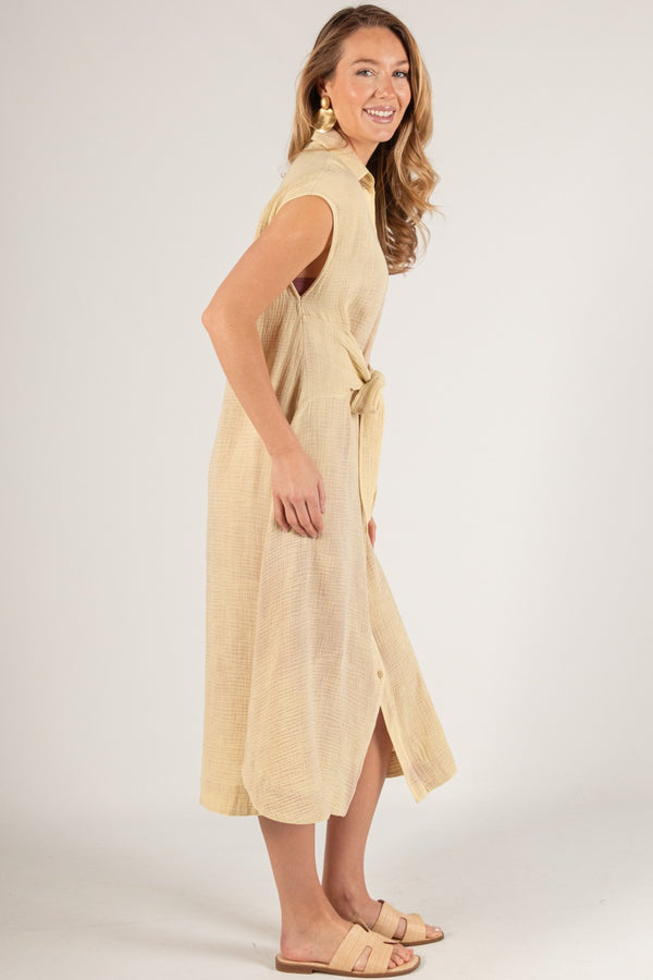 Mineral Wash Gauze Front Tie Sleeveless Dress - Taupe