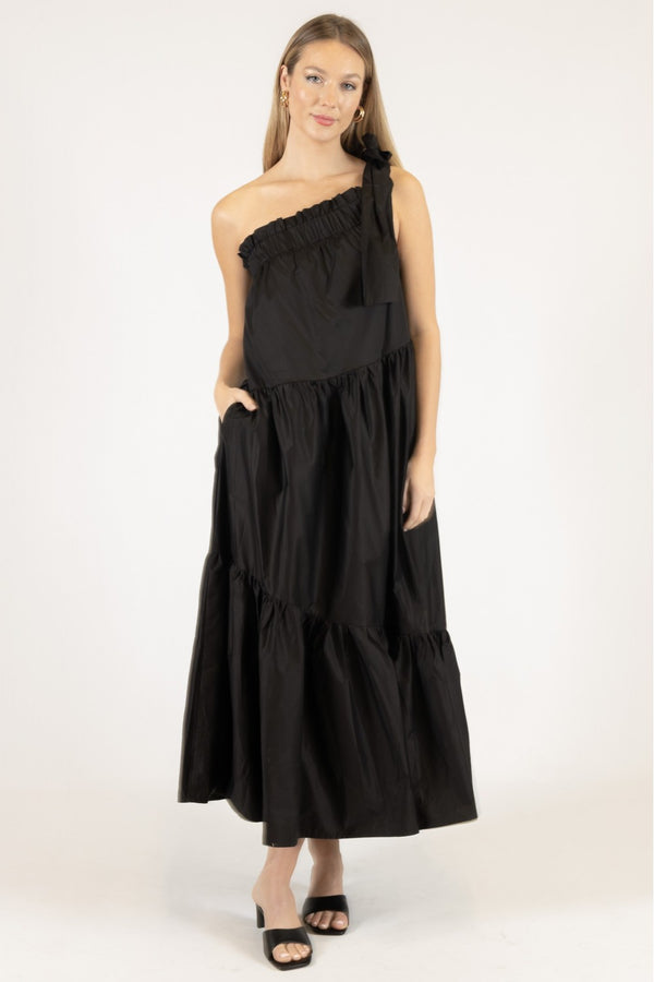 Poplin One Shoulder Ruffle Bottom Maxi Dress - Black | Barnwood Living Poplin One Shoulder Ruffle Bottom Maxi Dress - Black | Barnwood Living