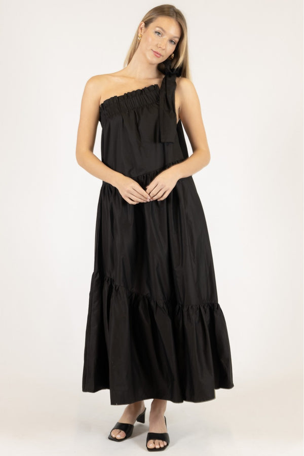 Poplin One Shoulder Ruffle Bottom Maxi Dress - Black Small Poplin One Shoulder Ruffle Bottom Maxi Dress - Black Small