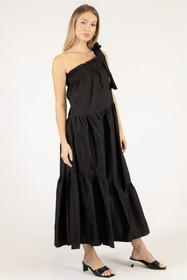 Poplin One Shoulder Ruffle Bottom Maxi Dress