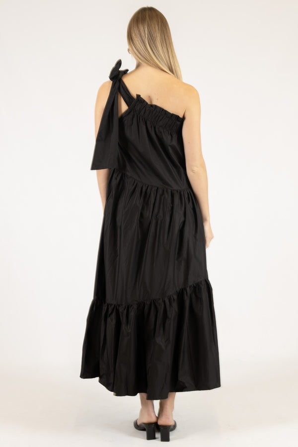 Poplin One Shoulder Ruffle Bottom Maxi Dress - Black