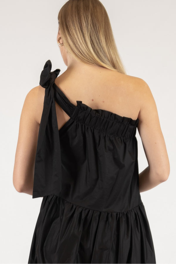 Poplin One Shoulder Ruffle Bottom Maxi Dress - Black