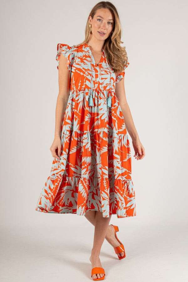 Two Tone Leaf Print Flutter Sleeve Midi Dress