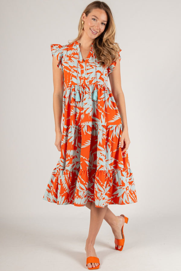 Two Tone Leaf Print Flutter Sleeve Midi Dress