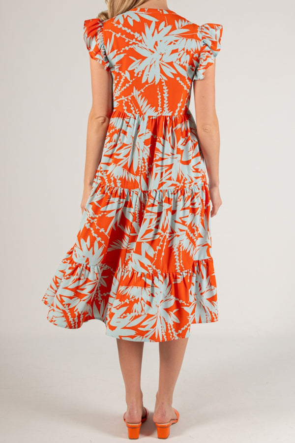 Two Tone Leaf Print Flutter Sleeve Midi Dress