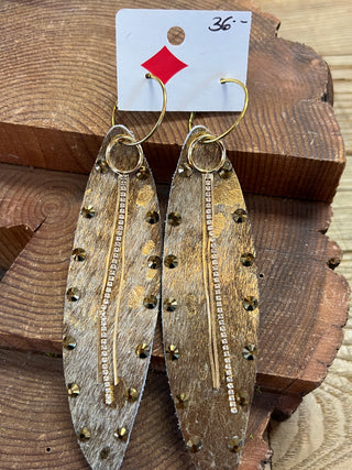 Hair on Leather Studded Long Earrings - Gold