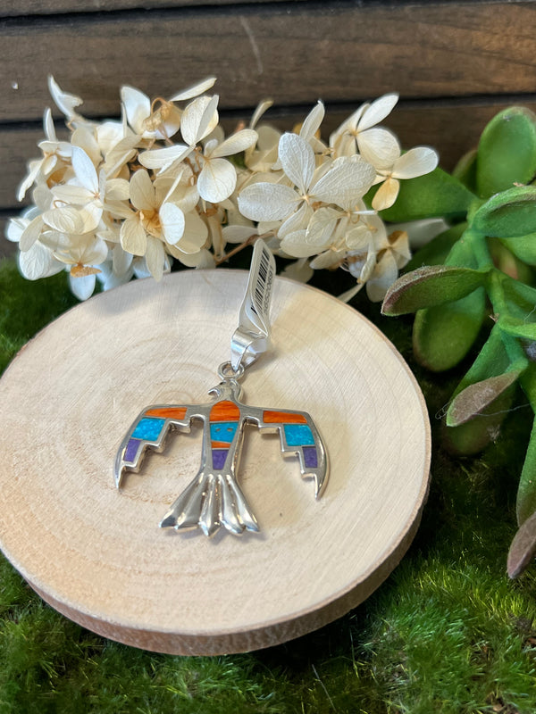 Silver Thunderbird with Multi Color + Turquoise Pendant