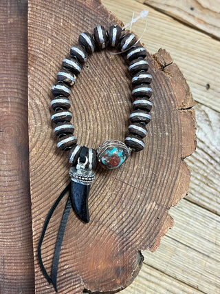Turquoise Stone + Bead Bracelet with Vintage Buffalo Nickel and Wolf Tooth