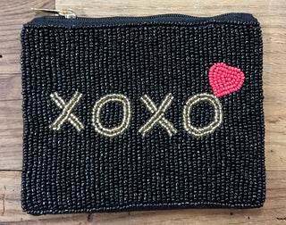 Beaded Coin Purse - Black and Gold XOXO + Red Heart