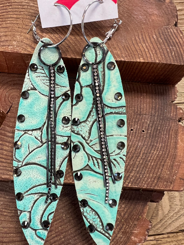 Hair on Leather Studded Long Earrings - Turquoise