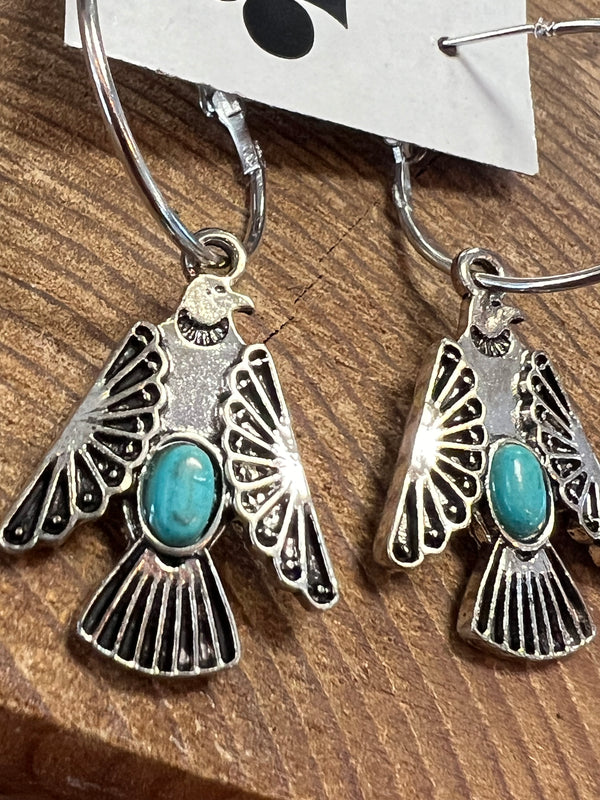 Silver Hoops with Turquoise Stone - Thunderbird