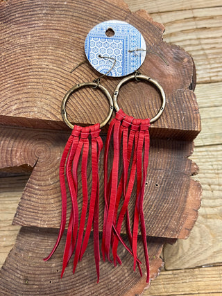 Gold Hoops with Long Leather Tassels - Red