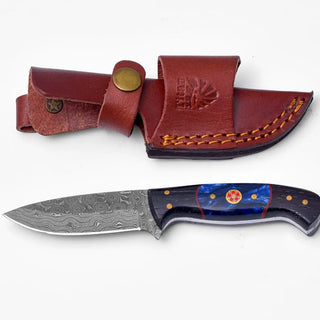 Handmade Damascus Steel Knife with Blue Resin & Wenge Wood Handle