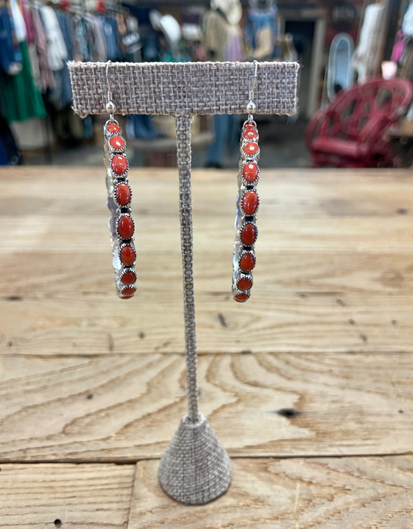 Silver Pearl Ranch -  Sterling Silver with Red Coral Medium Hoop Earrings