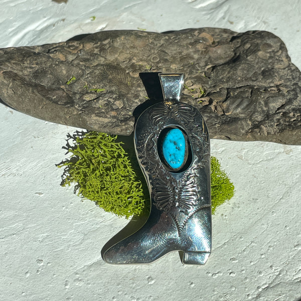 Large Silver Cowboy Boot Pendant with Turquoise