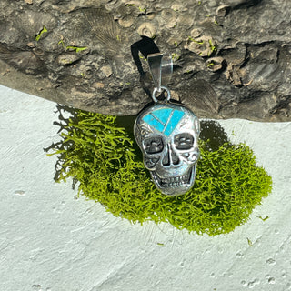 Silver Sugar Skull Pendant with Turquoise