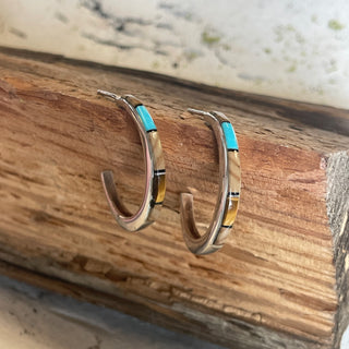 Silver Hoop Earrings with Turquoise and Cat's Eye Gemstone Inlay