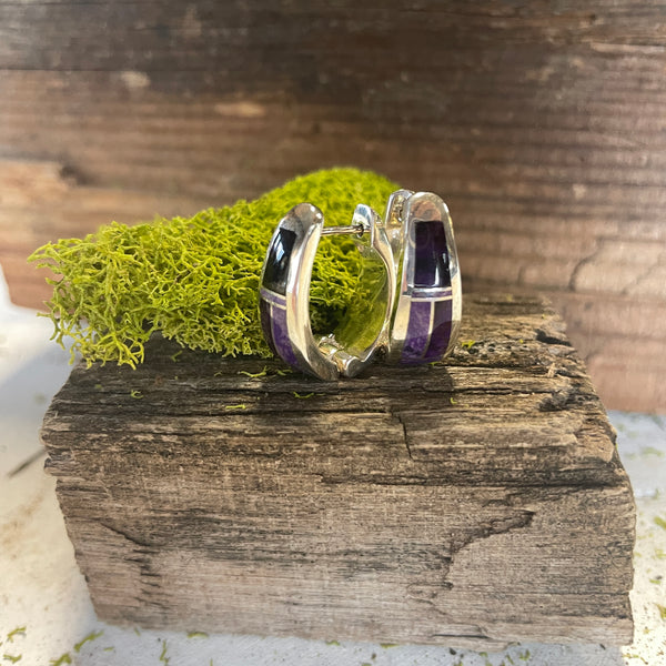 Large Silver Huggie Earring with Purple Spiny Oyster Inlay