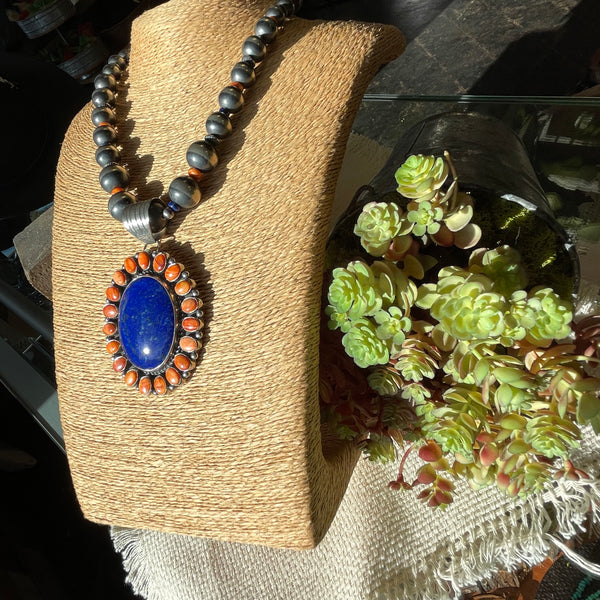 Linda Yazzie - Navajo Pearl with Orange Spiny Oyster and Blue Lapis Necklace and Earring Set