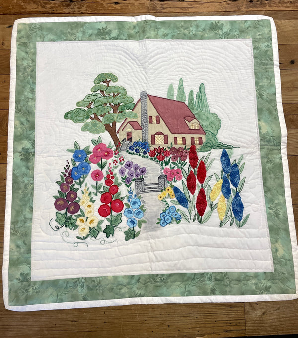 Cottage with Embroidered Floral Walk Way - Quilt Table Topper