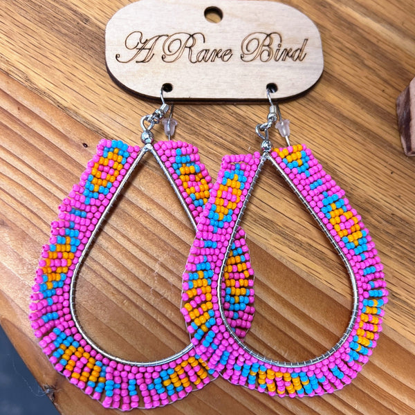 Rare Bird Hand-Beaded Dangle Hoops