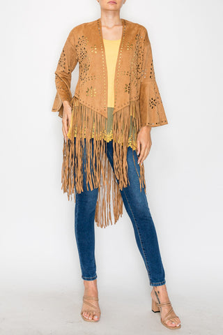 Laser Cut Faux Suede Camel Jacket with Bell Sleeves and Fringe