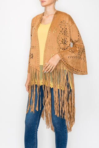 Laser Cut Faux Suede Camel Jacket with Bell Sleeves and Fringe
