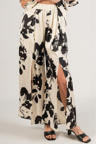 Two Tone Print Lined Satin Front Slit Wide Leg Pants