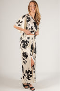 Two Tone Print Lined Satin Front Slit Wide Leg Pants