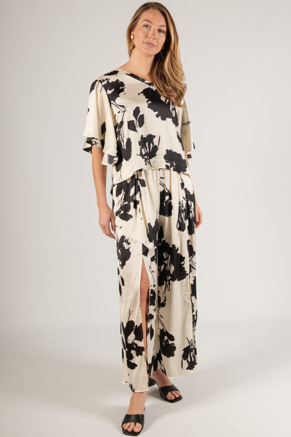 Two Tone Print Lined Satin Front Slit Wide Leg Pants