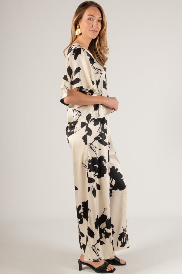 Two Tone Print Lined Satin Front Slit Wide Leg Pants