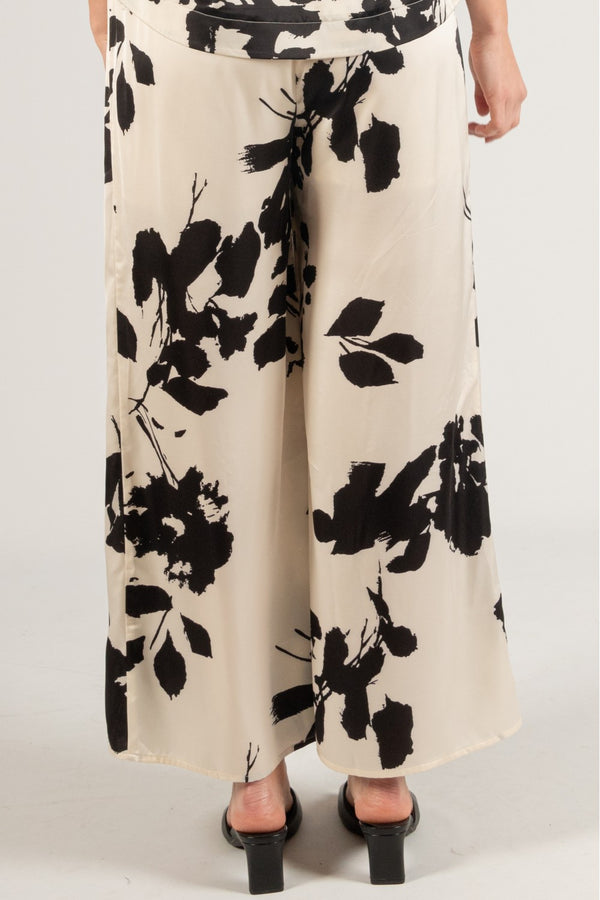 Two Tone Print Lined Satin Front Slit Wide Leg Pants