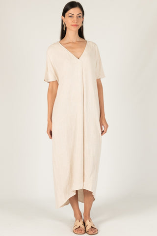 Linen Cotton Blend V-Neck Midi Dress - Natural