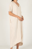 Linen Cotton Blend V-Neck Midi Dress - Natural