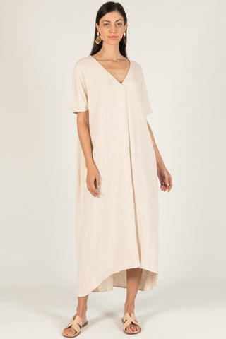 Linen Cotton Blend V-Neck Midi Dress - Natural