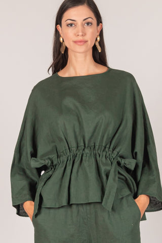 Washed Linen Waist Tie Top - Eden Green