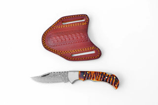 Titan International Stag Horn Style Damascus Folding Knife with Leather Sheath