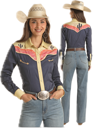 Panhandle - Ladies Blue and Yellow Embroidered Long Sleeve Shirt