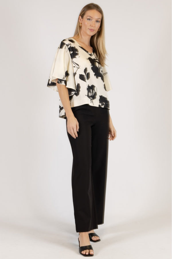 Two Tone Print Flutter Sleeve Top