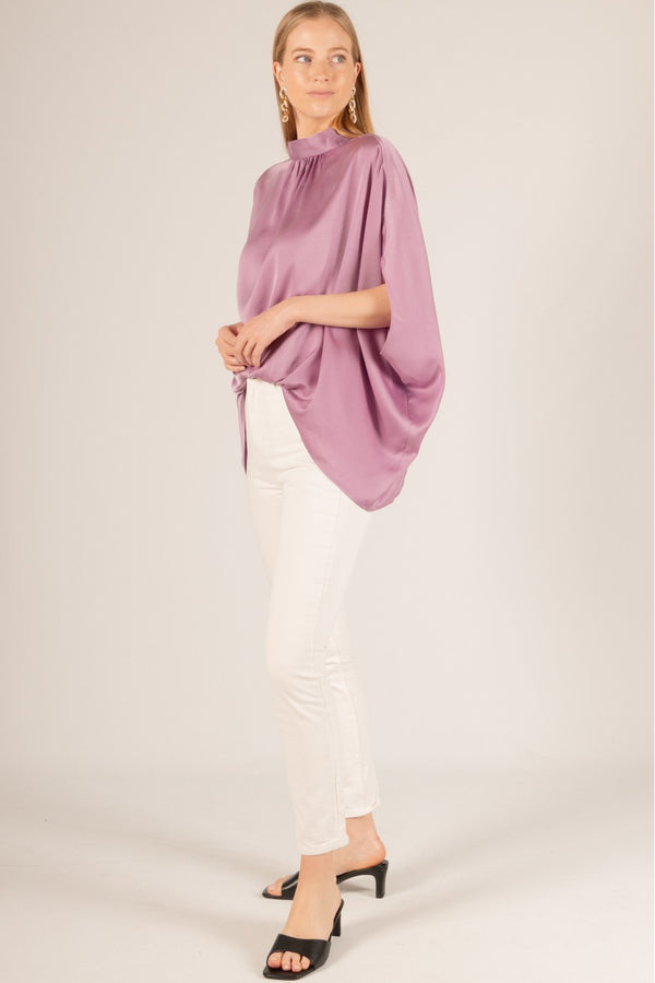 Lavender Satin Mock Neck Tie Top