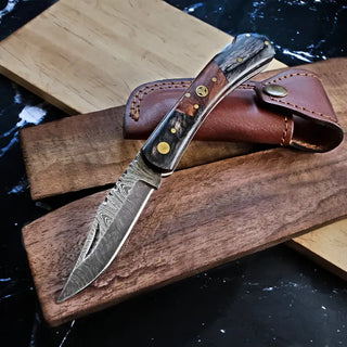 Damascus Steel Pekka & Walnut Wood Pocket Knife by Titan TF-009
