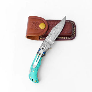 Damascus Steel Pocket Knife Faux Turquoise Resin by Titan TF-059