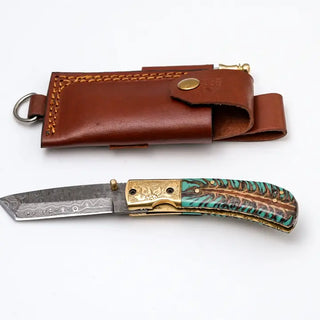 Damascus Tanto Folder with Teal Pine Cone Handle Engraved Brass Bolster & Fire Starter by Titan TF-072