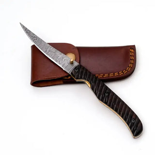 Damascus Steel Slim Folder with Dark Wood Handle by Titan TF-075